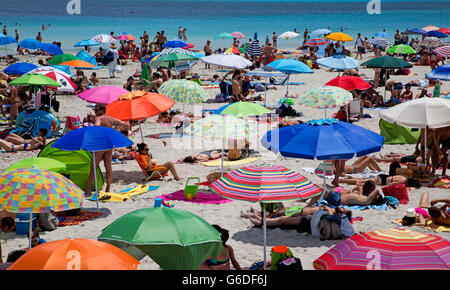 Menschen und Sonnenschirme am Strand Stintino Sardinien Italien Stockfoto