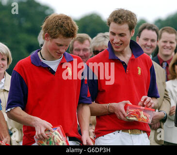 Prinz William (rechts) und Prinz Harry nach ihrem Spiel gegen Altu im Cirencester Park. Das Royal Team verlor mit fünf Toren auf siebeneinhalb. Stockfoto