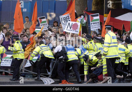 Die Polizei hält Demonstranten während einer Demonstration vor den Toren der Downing Street in London zurück, bevor der israelische Premierminister Ariel Sharon eintrifft. Premierminister Tony Blair führte Gespräche mit seinem israelischen Amtskollegen Ariel Sharon, *..mit dem Ziel, die angespannten Beziehungen zu Großbritannien zu verbessern und den Friedensprozess im Nahen Osten voranzutreiben. Der Besuch von Sharon in London, bei dem er auch mit Außenminister Jack Straw zusammentreffen konnte, ist von anhaltenden Problemen bei der Umsetzung des internationalen „Fahrplans“ zur Beendigung des Konflikts zwischen Israel und den Palästinensern umgeben. Stockfoto