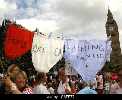 Pro-Hunt-Anhänger auf dem Parliament Square in London, um gegen die Pläne der Regierung zu protestieren, die Fuchsjagd abzuschaffen. Die Abgeordneten sollten über einen umstrittenen neuen Gesetzentwurf diskutieren, der es erlaubt, die Fuchsjagd fortzusetzen, jedoch unter einem strengen Regulierungssystem. * während Hasenjagd und Hirschjagd nach den vorgeschlagenen Rechtsvorschriften verboten werden würden, wollen eine große Anzahl von Abgeordneten auch die Fuchsjagd verbieten. Stockfoto