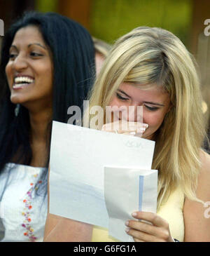 Emma Barnett, 18, von der Manchester High School for Girls Celebrates , nachdem sie 3 Grad A auf der A-Stufe erreicht und eine der höchsten Noten des Landes auf DER RE erhalten hat. Die Pass-Rate für DIE ABSTUFUNGEN IST zum 21. Mal in Folge gestiegen, da die Schulleiter darauf hinweist, dass der Anstieg durch die Abkehr von harten Kursen wie Mathematik und modernen Sprachen für so genannte „weiche“ Fächer, einschließlich Psychologie und Medienwissenschaften, vorangetrieben wird. Stockfoto