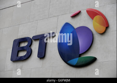 Eine allgemeine Ansicht des Zeichens am Hauptsitz von BT, dem BT Centre, in der Newgate Street, im Zentrum von London. Stockfoto