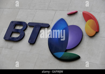 Eine allgemeine Ansicht des Zeichens am Hauptsitz von BT, dem BT Centre, in der Newgate Street, im Zentrum von London. Stockfoto