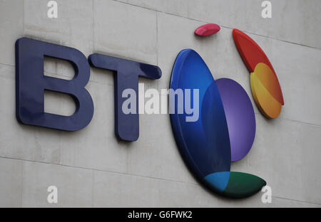 Eine allgemeine Ansicht des Zeichens am Hauptsitz von BT, dem BT Centre, in der Newgate Street, im Zentrum von London. Stockfoto