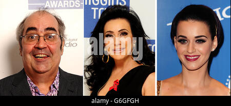 Fotos von (von links) Danny Baker, Nancy Dell'Olio und Katy Perry. Stockfoto