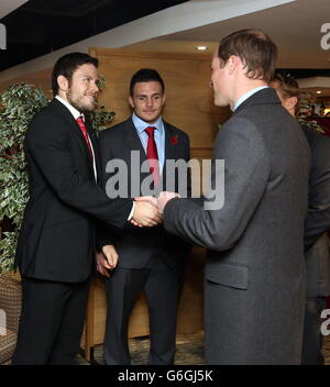Der Duke of Cambridge schüttelt die Hände mit dem Kapitän Adam Thomas (links) der Wales 7 in der International Players' Lounge während eines Besuchs im Millennium Stadium in Cardiff, um Wales beim Prince William Cup in Südafrika zu sehen. Stockfoto