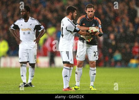 Angel Rangel von Swansea City übernimmt das Tor, nachdem Michel Vorm während des Spiels der Barclays Premier League im Cardiff City Stadium in Cardiff abgeschickt wurde. Stockfoto