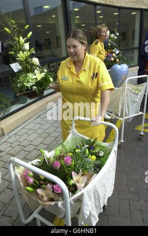 Krankenschwestern sammeln Blumen für den Kanzler Gordon Brown und seine Frau Sarah in Wäschekörben in einem wartenden Van vor dem Simpsons Centre for Reproductive Health im Edinburgh Royal Infirmary. Sarah hat gestern einen Jungen geboren. Stockfoto