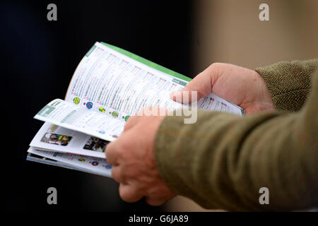 Pferderennen - Das Open Festival 2013 - Paddy Power Gold Cup Day - Cheltenham Rennbahn. Racegoer prüft das Formular in einer Racecard. Stockfoto