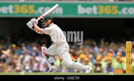 Der australische David Warner schlägt am dritten Tag des ersten Ashes-Tests auf der Gabba, Brisbane, Australien. Stockfoto