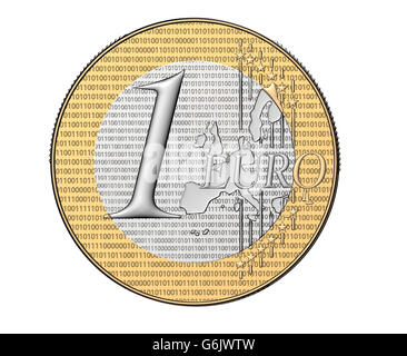 Digital-Euro-Münze mit binären Code isoliert auf weiss, 3d Illustration Stockfoto