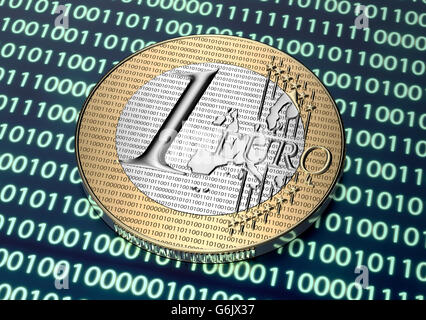 Euro-Münze mit elektronischen Cuircuit im digitalen Umfeld, 3d illustration Stockfoto