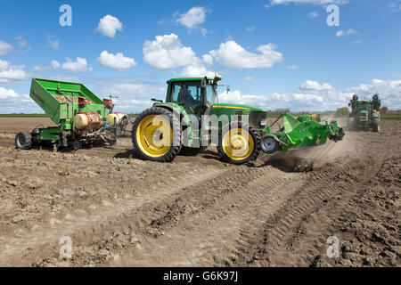 Landwirt pflanzt niederländischen Kartoffeln mit seinem grünen Traktor auf seinem Grundstück. Stockfoto