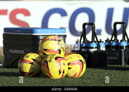 Details zu den Bällen der Winter-Miter-Spiele in Birmingham City auf dem Spielfeld vor dem Spiel Stockfoto