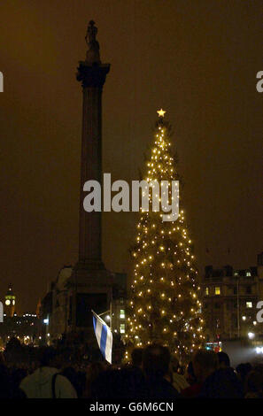 Eine allgemeine Ansicht des Weihnachtsbaums auf dem Londoner Trafalgar Square mit Blick auf Whitehall in Richtung Big Ben (links unten). Der Baum, ein Geschenk der norwegischen Bevölkerung an Großbritannien, hatte seine Lichter an diesem Abend eingeschaltet. Stockfoto