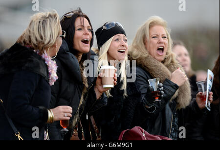 Weibliche Racegoers feuern ihre Pferde am 1. Tag des Tingle Creek Christmas Festival auf der Sandown Racecourse an Stockfoto