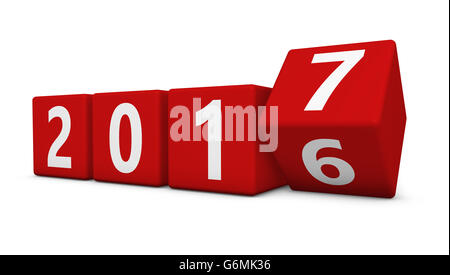 Neue Jahr 2017 Konzept mit vier rote Würfel und 2016-7 Zahlen 3D Illustration isoliert auf weißem Hintergrund. Stockfoto