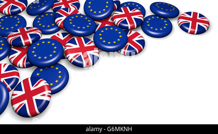 Brexit britischen Referendum Konzept mit EU und UK Flagge auf Abzeichen 3D-Illustration mit Exemplar. Stockfoto