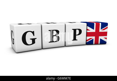 Britische Pfund Geldwechsel Markt- und Finanzkonzept mit GBP Code Zeichen und britische Flagge auf Würfel isoliert auf weiss. Stockfoto