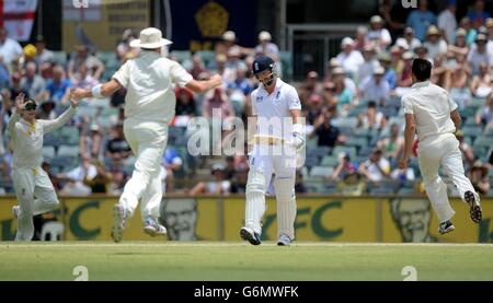 Englands Matt Prior (Mitte) reagiert, nachdem er von Australiens Brad Haddin (nicht abgebildet) beim Bowling von Mitchell Johnson (rechts) am fünften Tag des dritten Tests auf dem WACA Ground, Perth, Australien, gefangen wurde. Stockfoto