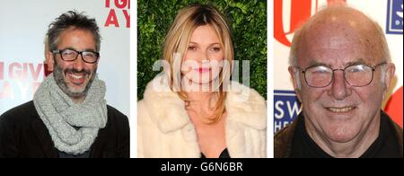 Fotos von (von links) David Baddiel, Kate Moss und Clive James. Stockfoto