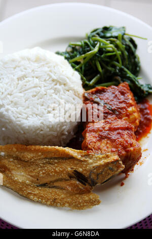 Nahaufnahme von weisser Reis und heiße würzige Fischgericht mit gebratener Wasserspinat - Asam Pedas Ikan pari Stockfoto