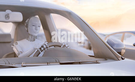 Roboter stecken im Stau - autonome Transport- und selbstfahrenden Autos Konzept 3D Illustration. Stockfoto