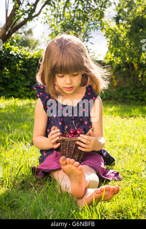 Kleines Mädchen mit Körbchen Kirschen auf einer Wiese im Garten sitzen Stockfoto