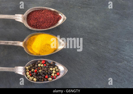 Metalllöffel mit verschiedenen gemahlenen Gewürzen auf Schiefer Hintergrund Stockfoto