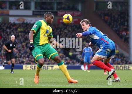 Fußball - Barclays Premier League - Norwich City / Hull City - Carrow Road. Sebastien Bassong von Norwich City (links) und Nikica Jelavic von Hull City kämpfen um den Ball Stockfoto