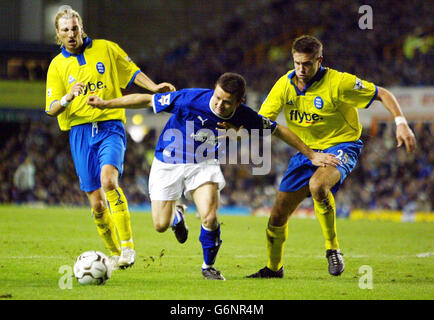 Everton's Tomasz Radzinski (Mitte) kommt am Robbie Savage (links) und Matthew Upson von Birmingham City vorbei, während das Spiel Barclaycard Premiership im Goodison Park, Liverpool, annahm. Everton gewann 1:0. Stockfoto