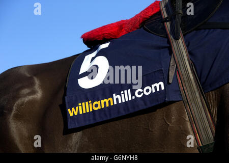 Pferderennen - 2013 William Hill Yorkshire Winter Festival - Erster Tag - Wetherby Racecourse. Detail der Schilder von William Hill auf den Satteldecken Stockfoto