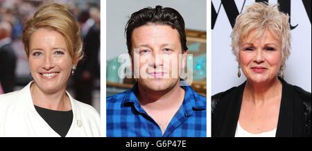 Fotos von (von links) Emma Thompson, Jamie Oliver und Julie Walters. Stockfoto