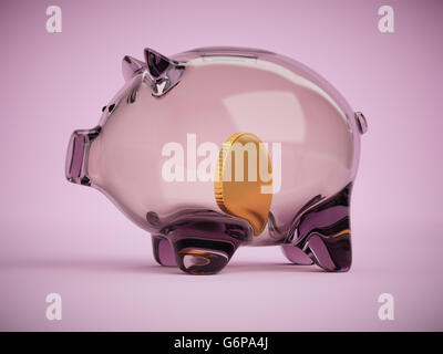 Transparentes Glas Sparschwein mit goldenen Münze im Inneren Konzept 3d Illustration auf rosa Hintergrund Stockfoto