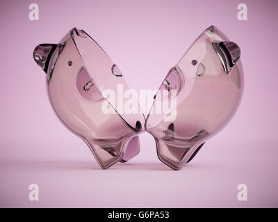 Transparentes Glas Sparschwein in halben 3D-Illustration auf rosa Hintergrund schneiden Stockfoto