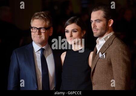 Regisseur Kenneth Branagh, Keira Knightley und Chris Pine kommen zur europäischen Filmpremiere für Jack Ryan im Vue-Kino, Leicester Square, London. Stockfoto