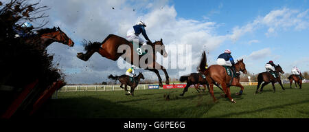 Läufer fliegen in der Juvenile-Hürde racinguk.com auf der Rennbahn Warwick. Stockfoto