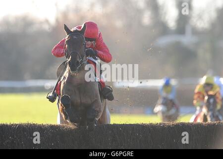 Dare Me ridled by Aidan Coleman springt den letzten Zaun und geht weiter, um die Betfred Mobile Handicap Chase während der Betfred Classic Chase und Newcomer Raceday auf Warwick Racecourse, Warwick zu gewinnen. Stockfoto