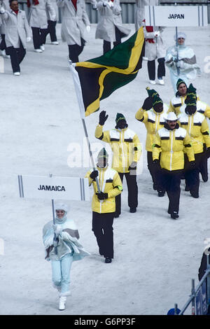 Team-Jamaika marschieren in der Eröffnungsfeier am 1988 Olympische Winterspiele, Calgary, Alberta, Kanada Stockfoto