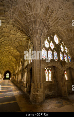 UK, Gloucestershire, Gloucester, Kathedrale, Kreuzgang, Großbritanniens älteste Fan gewölbten Decke mit 1865 James Fransillon Fenster Stockfoto