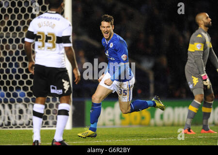 Fußball - Sky Bet Championship - Leicester City / Derby County - King Power Stadium. David Nugent von Leicester City feiert das zweite Tor des Spiels Stockfoto