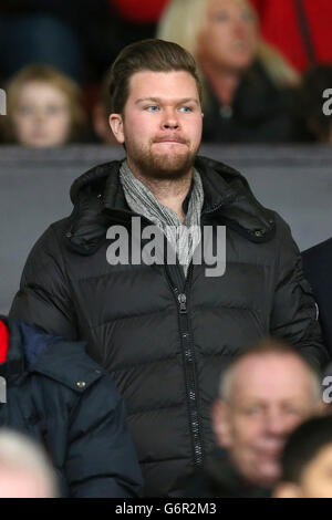 Fußball - Barclays Premier League - Manchester United / Swansea City - Old Trafford. David Jnr, Sohn von Manchester United Manager, David Moyes, an der Tribüne Stockfoto