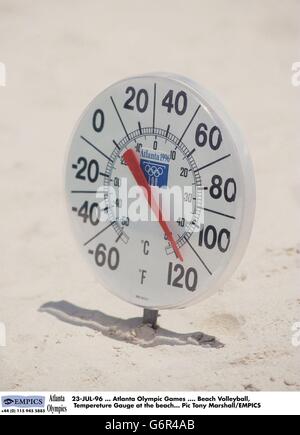 23-JUL-96 ... Atlanta Olympische Spiele .... Beachvolleyball, Temperaturanzeige am Strand Stockfoto