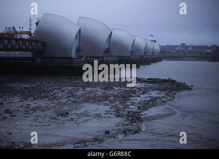 Ein Blick auf die Thames Barrier, im Osten Londons. DRÜCKEN Sie VERBANDSFOTO. Bilddatum: Dienstag, 28. Januar 2013. Bildnachweis sollte lauten: Yui Mok/PA Wire Stockfoto