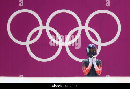 Shelley Rudman aus Großbritannien hat während der Olympischen Spiele 2014 in Sotschi in Krasnaja Poljana, Russland, einen Trainingslauf im Sliding Center Sanki. Stockfoto