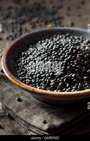 Rohe Bio schwarze Linsen in eine Schüssel geben Stockfoto