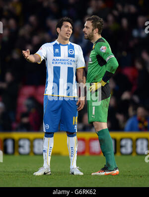 Leonardo Ulloa von Brighton und Hove Albion (links) chattet mit Watford Torhüter Manuel Almunia nach dem Schlusspfiff Stockfoto