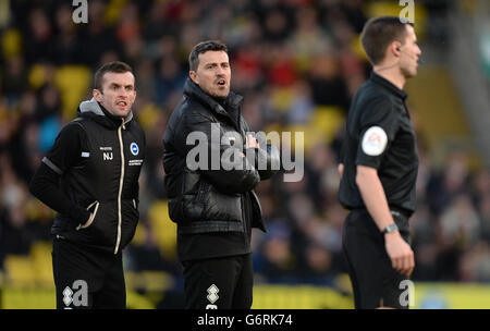 Oscar Garcia (Mitte), Manager von Brighton und Hove Albion, und der Assistent Nathan Jones (links) rufen dem Schiedsrichter zu, nachdem er ein Tor von Leonardo Ulloa (nicht abgebildet) für das Offside-Tor ausschiebt Stockfoto