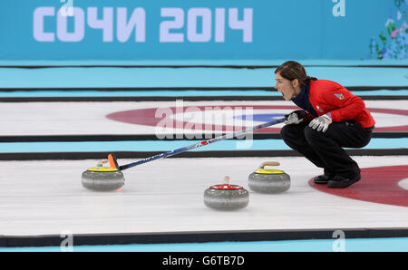 Die Briten Eve Muirhead in ihrem Bronze Medal Match gegen Schweiz Stockfoto