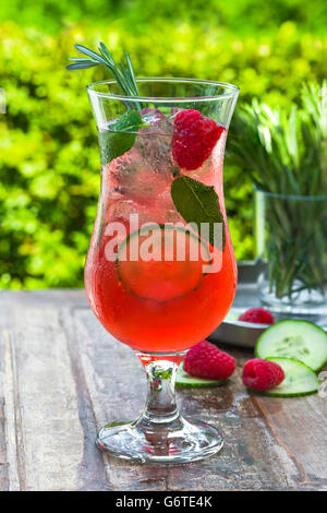 Pink Gin und Tonic cocktail mit Himbeeren, Gurke und Minze Stockfoto